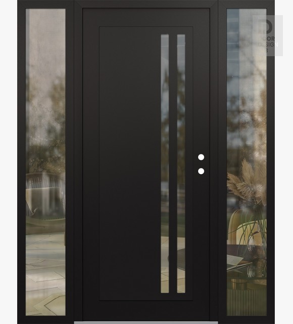 Modern Steel Front Door Diamond C6 64" x 80" black/black clear Glass Panel black LHI with 2 Sidelites clear Glass