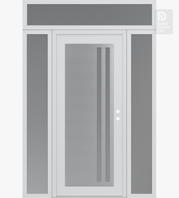 Modern Steel Front Door Diamond C6 64" x 96" white/white frosted Glass Panel stainless steel LHI with 2 Sidelites and Transom frosted Glass
