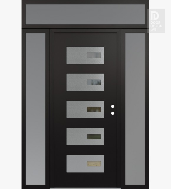 Modern Steel Front Door Diamond D7 64" x 96" black/black clear Glass Panel stainless steel LHI with 2 Sidelites and Transom frosted Glass