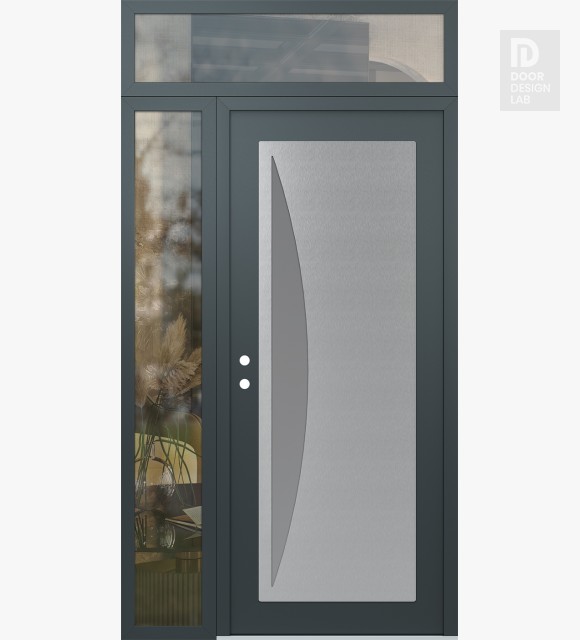 Modern Steel Front Door Diamond C13 48" x 96" anthracite/anthracite frosted Glass Panel stainless steel RHI with Sidelite and Transom clear Glass