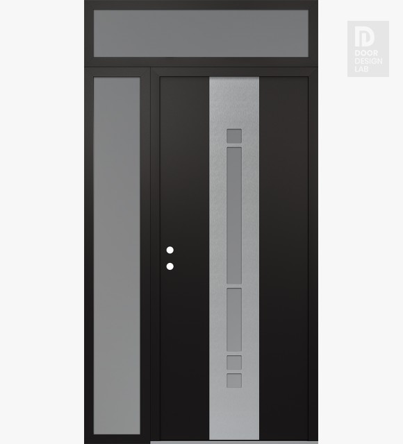 Modern Steel Front Door DIAMOND A3 48" X 96" BLACK/WHITE FROSTED GLASS PANEL STAINLESS STEEL RHI WITH SIDELITE AND TRANSOM FROSTED GLASS