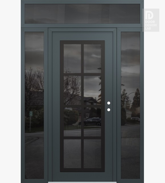 Modern Steel Front Door Diamond C16 64" x 96" anthracite/anthracite mirrored Glass Panel black LHI with 2 Sidelites and Transom mirrored Glass