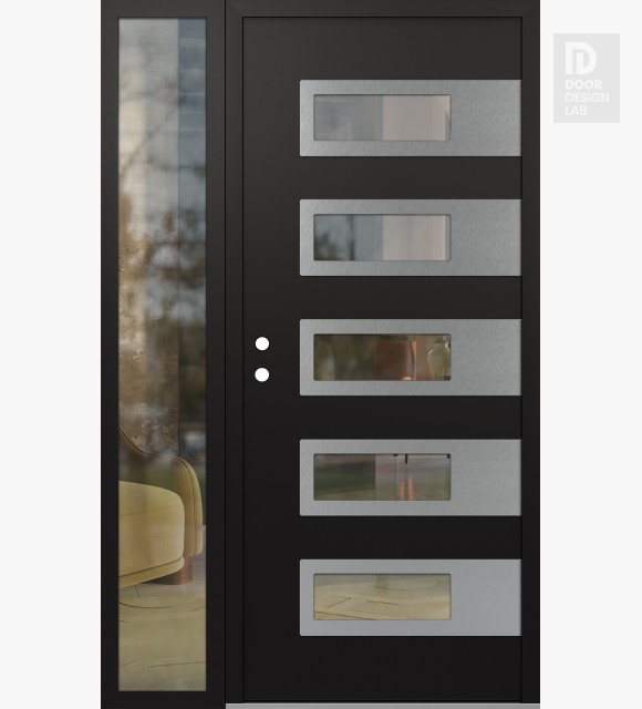 Modern Steel Front Door Diamond D3 52" x 80" black/black clear Glass Panel stainless steel RHI with Sidelite clear Glass