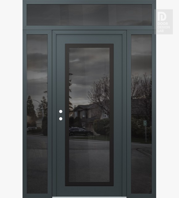 Modern Steel Front Door Diamond C1 68" x 96" anthracite/anthracite mirrored Glass Panel black RHI with 2 Sidelites and Transom mirrored Glass