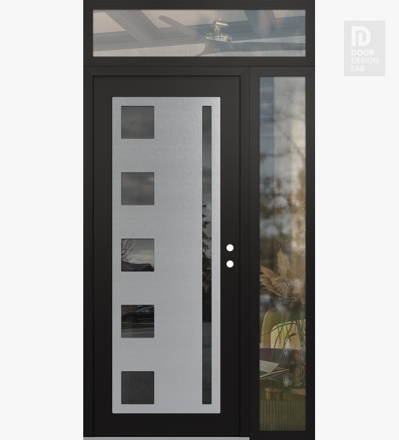 Modern Steel Front Door Diamond C3 48" x 96" black/black mirrored Glass Panel stainless steel LHI with Sidelite and Transom clear Glass