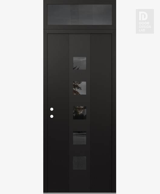 Modern Steel Front Door DIAMOND A13 36" X 96" BLACK/BLACK MIRRORED GLASS PANEL BLACK RHI WITH TRANSOM MIRRORED GLASS