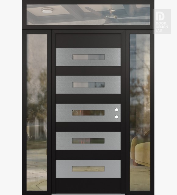 Modern Steel Front Door Diamond D9 68" x 96" black/black clear Glass Panel stainless steel LHI with 2 Sidelites and Transom clear Glass