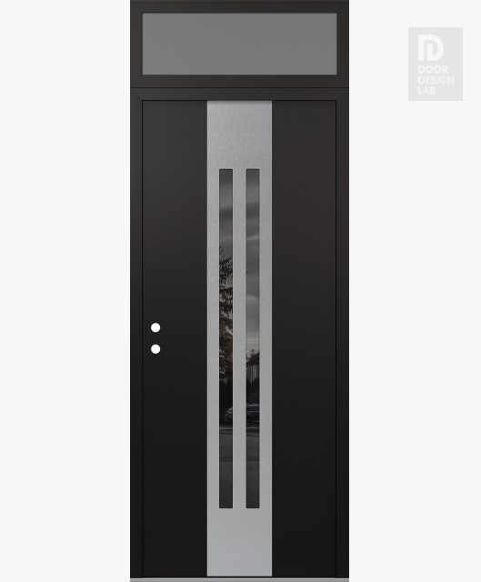 Modern Steel Front Door DIAMOND A8 36" X 96" BLACK/BLACK MIRRORED GLASS PANEL STAINLESS STEEL RHI WITH TRANSOM FROSTED GLASS