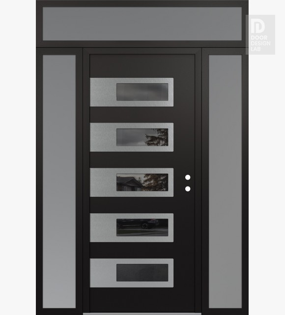 Modern Steel Front Door Diamond D3 68" x 96" black/black mirrored Glass Panel stainless steel LHI with 2 Sidelites and Transom frosted Glass