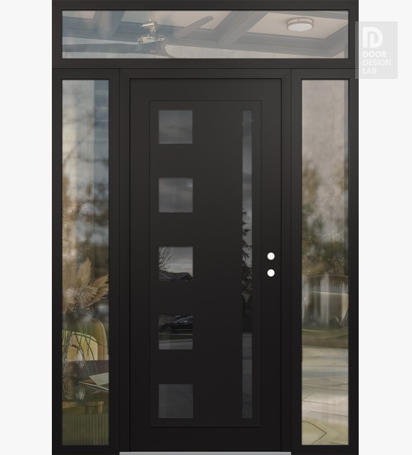 Modern Steel Front Door Diamond C3 64" x 96" black/black mirrored Glass Panel black LHI with 2 Sidelites and Transom clear Glass