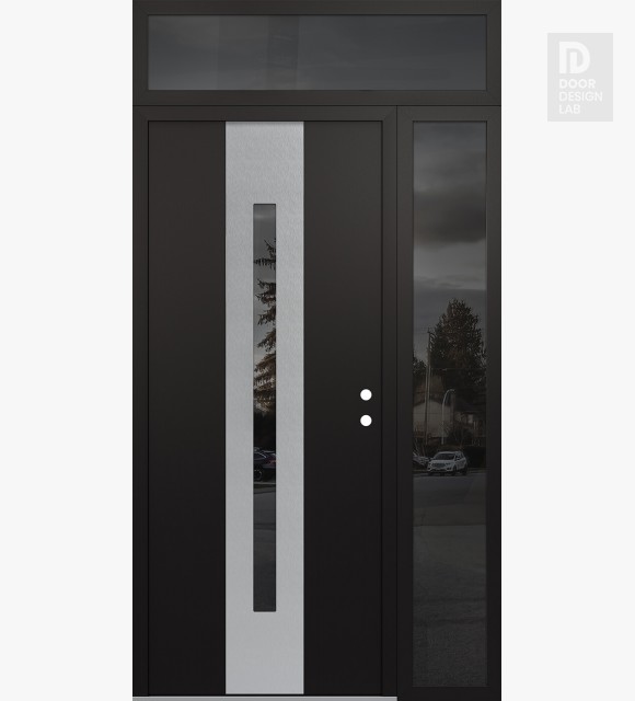 Modern Steel Front Door DIAMOND A2 48" X 96" BLACK/BLACK MIRRORED GLASS PANEL STAINLESS STEEL LHI WITH SIDELITE AND TRANSOM MIRRORED GLASS
