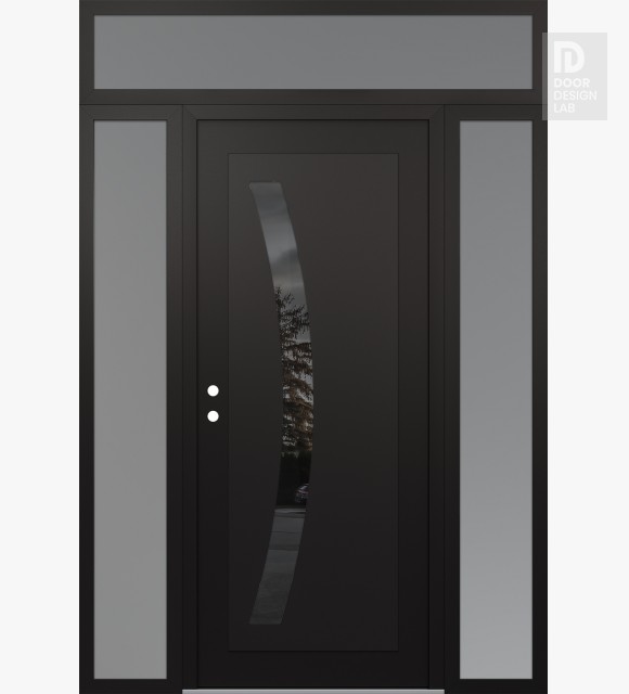 Modern Steel Front Door Diamond C4 60" x 96" black/black mirrored Glass Panel black RHI with 2 Sidelites and Transom frosted Glass