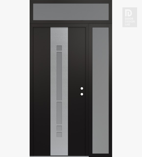 Modern Steel Front Door DIAMOND A3 48" X 96" BLACK/WHITE FROSTED GLASS PANEL STAINLESS STEEL LHI WITH SIDELITE AND TRANSOM FROSTED GLASS