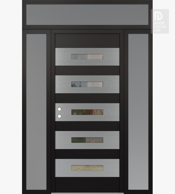 Modern Steel Front Door Diamond D9 64" x 96" black/black clear Glass Panel stainless steel RHI with 2 Sidelites and Transom frosted Glass
