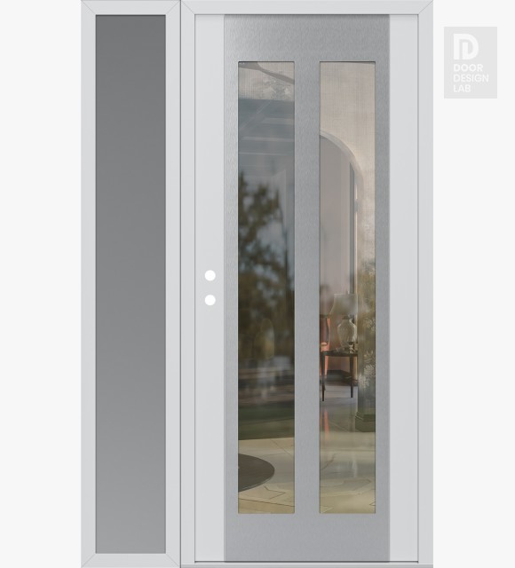 Modern Steel Front Door Diamond C14 50" x 80" white/white clear Glass Panel stainless steel RHI with Sidelite frosted Glass