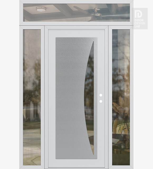 Modern Steel Front Door Diamond C13 60" x 96" white/white clear Glass Panel stainless steel LHI with 2 Sidelites and Transom clear Glass