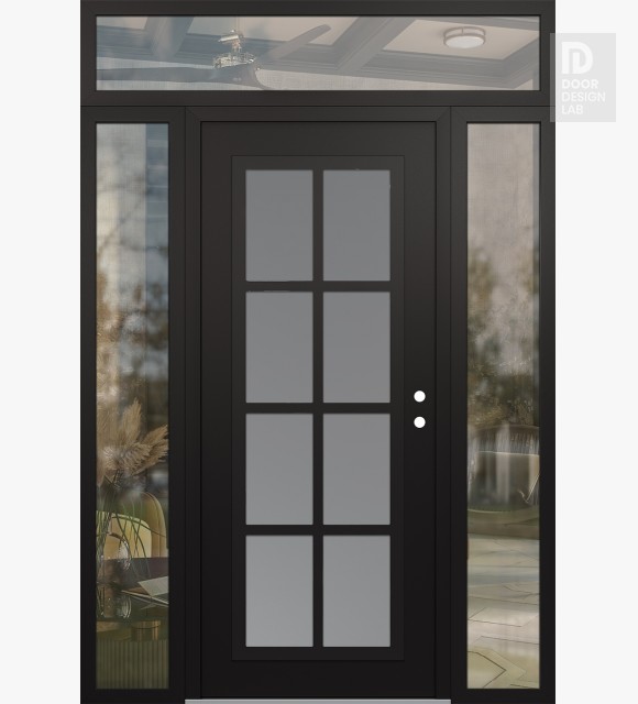 Modern Steel Front Door Diamond C16 60" x 96" black/white frosted Glass Panel black LHI with 2 Sidelites and Transom clear Glass