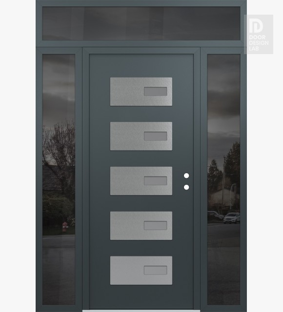 Modern Steel Front Door Diamond D7 64" x 96" anthracite/anthracite frosted Glass Panel stainless steel LHI with 2 Sidelites and Transom mirrored Glass
