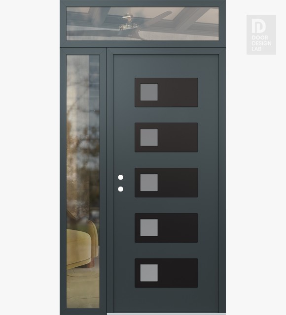Modern Steel Front Door Diamond D2 50" x 96" anthracite/anthracite frosted Glass Panel black RHI with Sidelite and Transom clear Glass