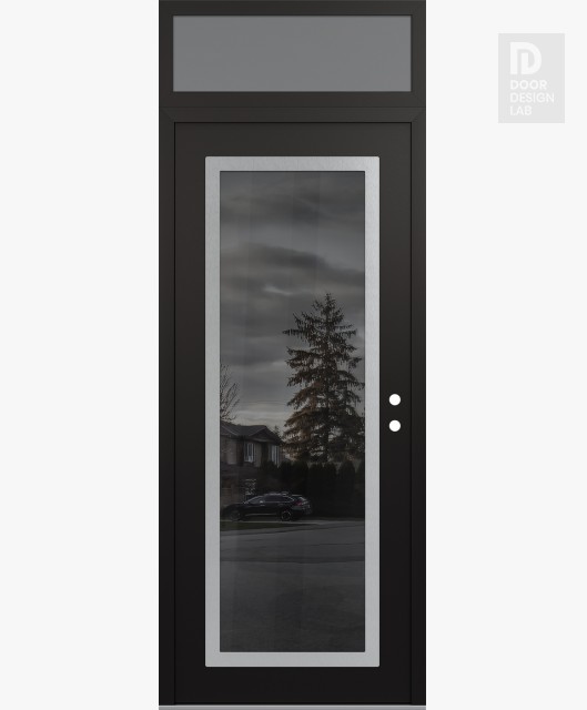 Modern Steel Front Door Diamond C1 36" x 96" black/black mirrored Glass Panel stainless steel LHI with Transom frosted Glass