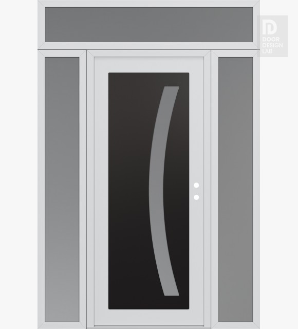 Modern Steel Front Door Diamond C4 64" x 96" white/white frosted Glass Panel black LHI with 2 Sidelites and Transom frosted Glass