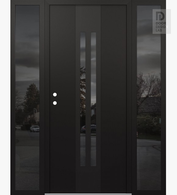 Modern Steel Front Door DIAMOND A8 64" X 80" BLACK/BLACK MIRRORED GLASS PANEL BLACK RHI WITH 2 SIDELITES MIRRORED GLASS