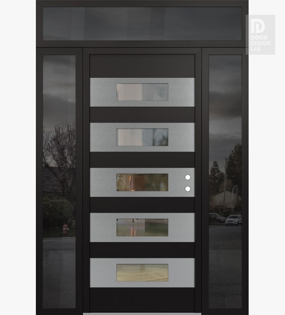 Modern Steel Front Door Diamond D5 64" x 96" black/black clear Glass Panel stainless steel LHI with 2 Sidelites and Transom mirrored Glass
