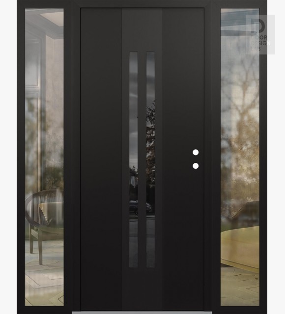 Modern Steel Front Door DIAMOND A8 64" X 80" BLACK/BLACK MIRRORED GLASS PANEL BLACK LHI WITH 2 SIDELITES CLEAR GLASS