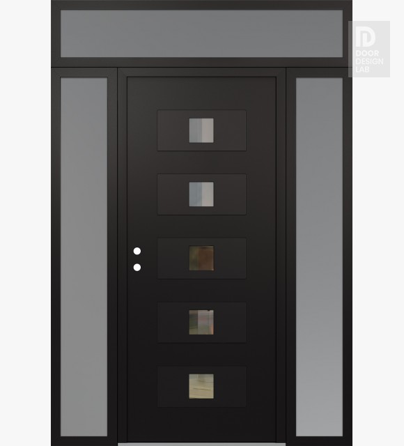 Modern Steel Front Door Diamond D8 60" x 96" black/black clear Glass Panel black RHI with 2 Sidelites and Transom frosted Glass