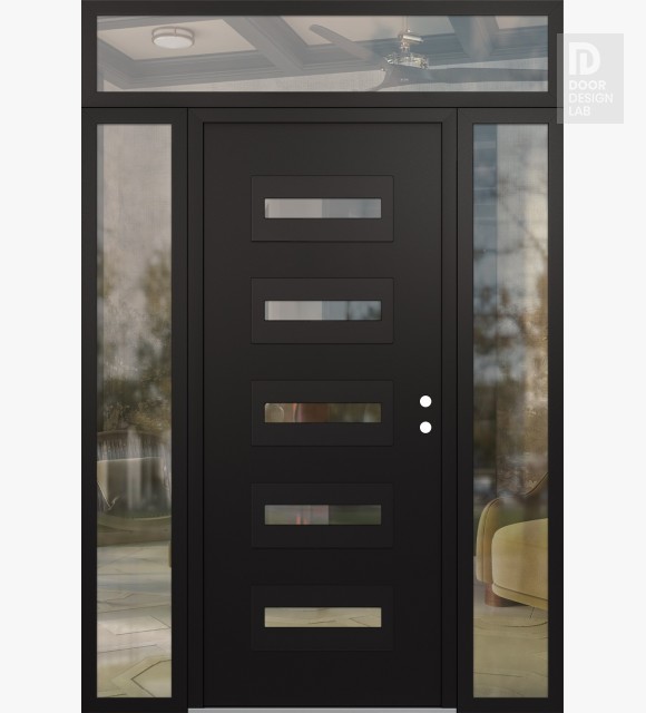 Modern Steel Front Door Diamond D4 64" x 96" black/black clear Glass Panel black LHI with 2 Sidelites and Transom clear Glass