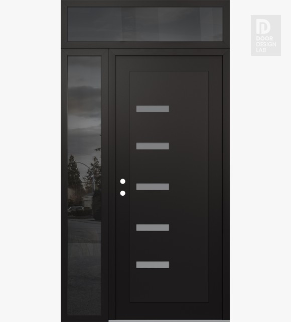 Modern Steel Front Door Diamond C8 52" x 96" black/white frosted Glass Panel black RHI with Sidelite and Transom mirrored Glass