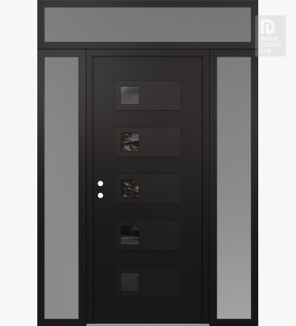 Modern Steel Front Door Diamond D2 60" x 96" black/black mirrored Glass Panel black RHI with 2 Sidelites and Transom frosted Glass