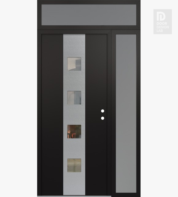 Modern Steel Front Door DIAMOND A12 50" X 96" BLACK/BLACK CLEAR GLASS PANEL STAINLESS STEEL LHI WITH SIDELITE AND TRANSOM FROSTED GLASS