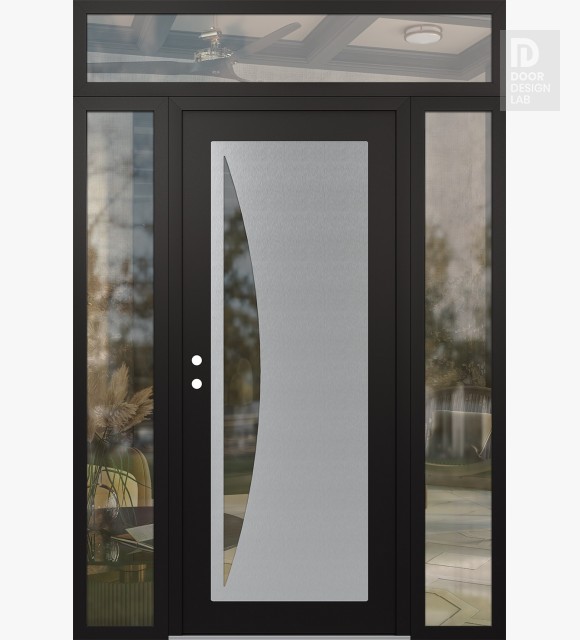 Modern Steel Front Door Diamond C13 68" x 96" black/black clear Glass Panel stainless steel RHI with 2 Sidelites and Transom clear Glass