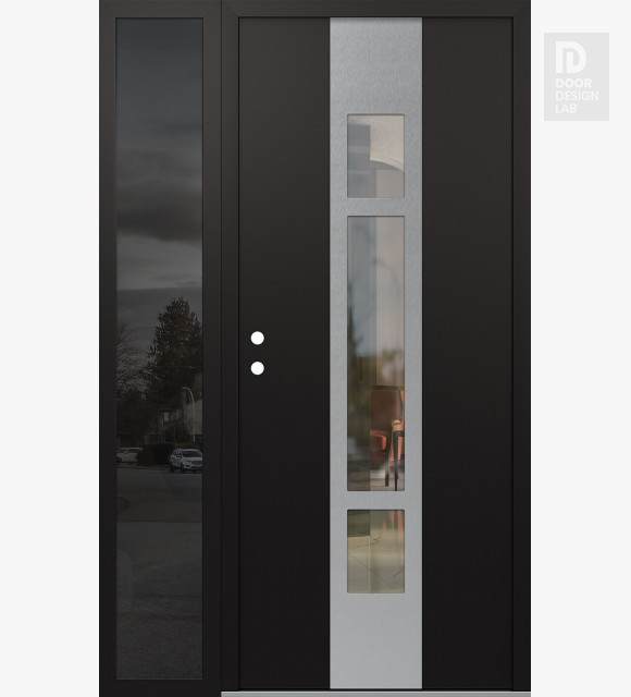 Modern Steel Front Door DIAMOND A9 50" X 80" BLACK/BLACK CLEAR GLASS PANEL STAINLESS STEEL RHI WITH SIDELITE MIRRORED GLASS