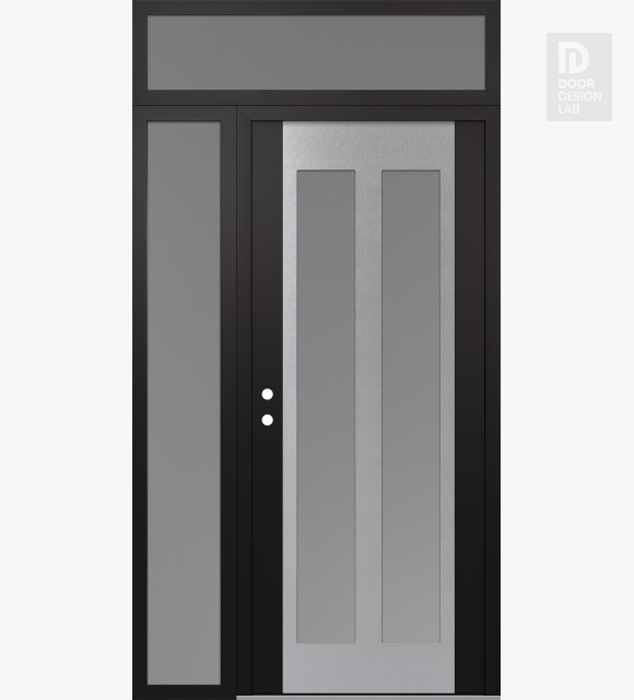 Modern Steel Front Door Diamond C14 48" x 96" black/white frosted Glass Panel stainless steel RHI with Sidelite and Transom frosted Glass