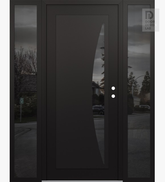 Modern Steel Front Door Diamond C13 68" x 80" black/black mirrored Glass Panel black LHI with 2 Sidelites mirrored Glass