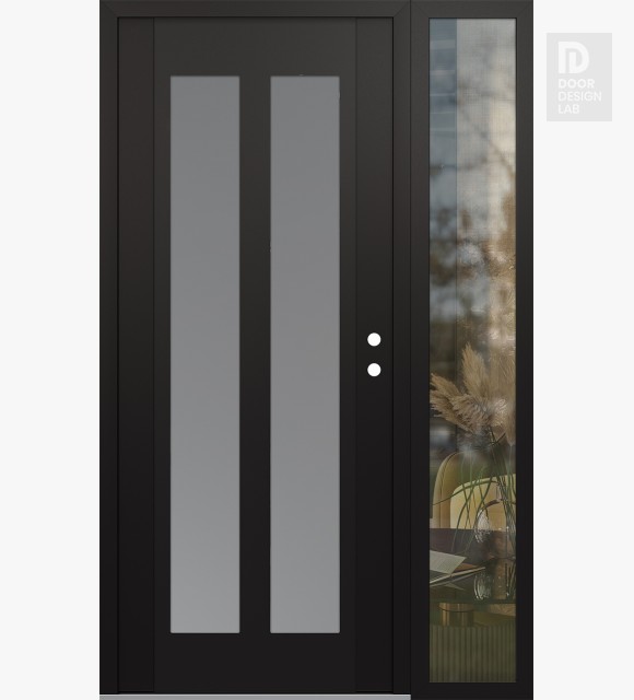 Modern Steel Front Door Diamond C14 48" x 80" black/white frosted Glass Panel black LHI with Sidelite clear Glass