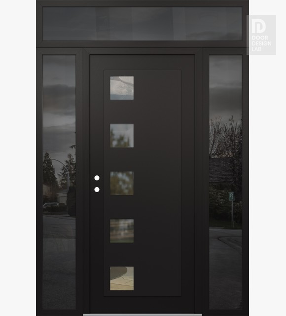 Modern Steel Front Door Diamond C5 64" x 96" black/black clear Glass Panel black RHI with 2 Sidelites and Transom mirrored Glass