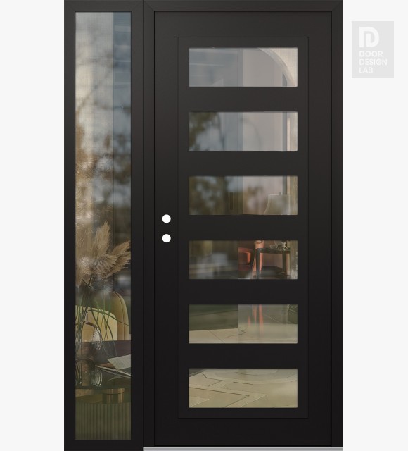 Modern Steel Front Door Diamond C9 50" x 80" black/black clear Glass Panel black RHI with Sidelite clear Glass