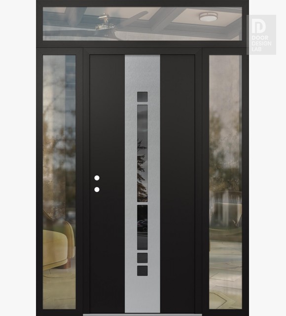 Modern Steel Front Door DIAMOND A3 64" X 96" BLACK/BLACK MIRRORED GLASS PANEL STAINLESS STEEL RHI WITH 2 SIDELITES AND TRANSOM CLEAR GLASS