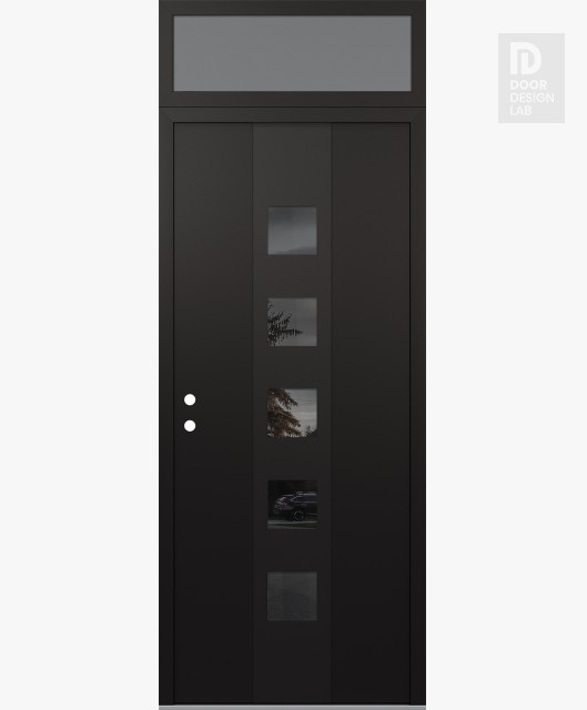Modern Steel Front Door DIAMOND A13 36" X 96" BLACK/BLACK MIRRORED GLASS PANEL BLACK RHI WITH TRANSOM FROSTED GLASS