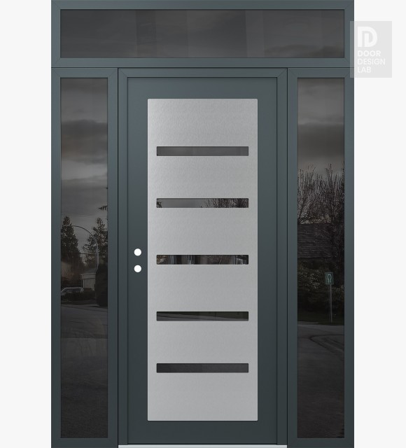 Modern Steel Front Door Diamond C7 60" x 96" anthracite/anthracite mirrored Glass Panel stainless steel RHI with 2 Sidelites and Transom mirrored Glass