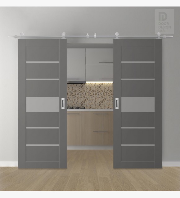 DOUBLE BARN DOOR AVON 07-06 VETRO GRAY MATTE 72" X 84" X 1 3/4" STAINLESS STEEL HARDWARE