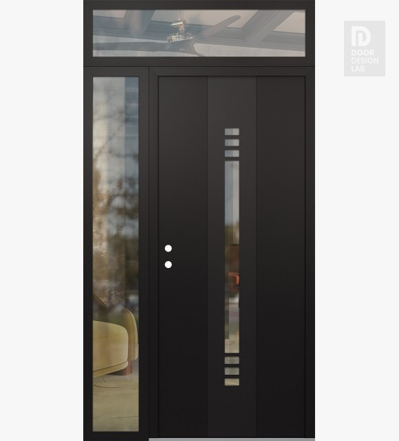Modern Steel Front Door DIAMOND A5 50" X 96" BLACK/BLACK CLEAR GLASS PANEL BLACK RHI WITH SIDELITE AND TRANSOM CLEAR GLASS