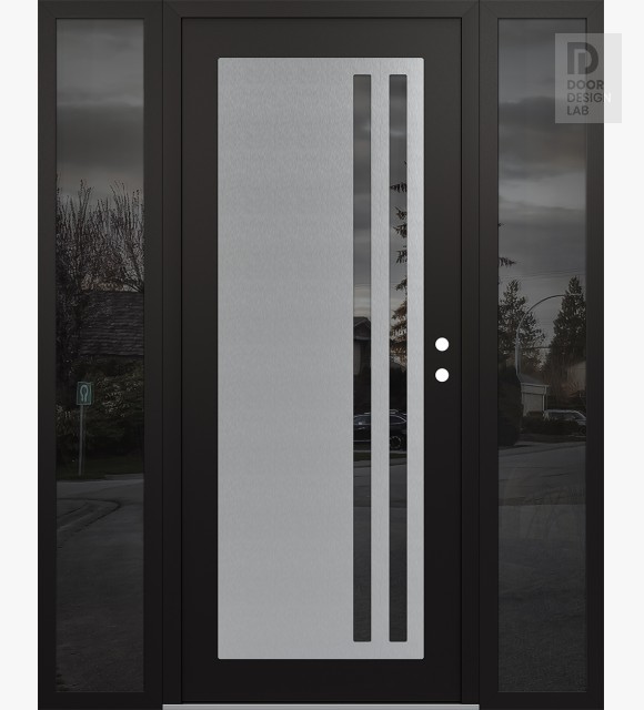 Modern Steel Front Door Diamond C6 64" x 80" black/black mirrored Glass Panel stainless steel LHI with 2 Sidelites mirrored Glass
