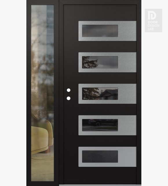 Modern Steel Front Door Diamond D3 52" x 80" black/black mirrored Glass Panel stainless steel RHI with Sidelite clear Glass