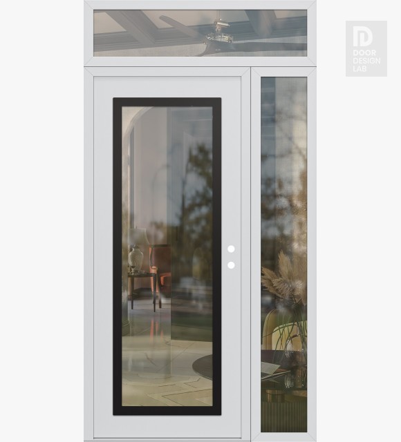 Modern Steel Front Door Diamond C1 50" x 96" white/white clear Glass Panel black LHI with Sidelite and Transom clear Glass