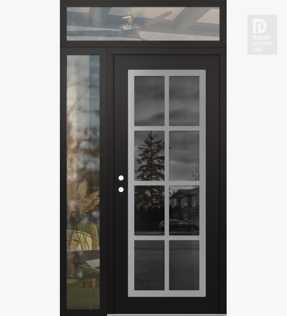 Modern Steel Front Door Diamond C16 48" x 96" black/black mirrored Glass Panel stainless steel RHI with Sidelite and Transom clear Glass