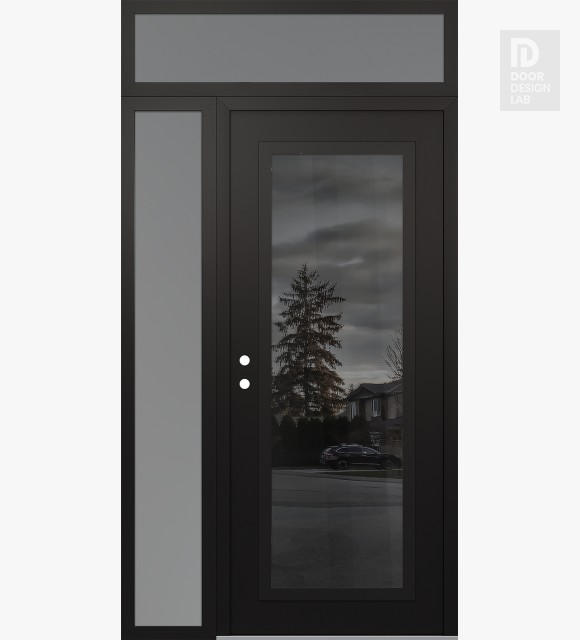 Modern Steel Front Door Diamond C1 52" x 96" black/black mirrored Glass Panel black RHI with Sidelite and Transom frosted Glass